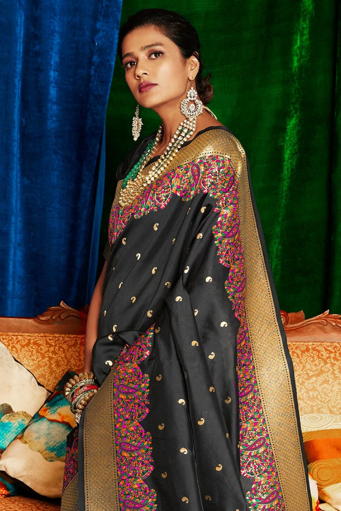 Mine Shaft Black Handloom Woven Banarasi Saree