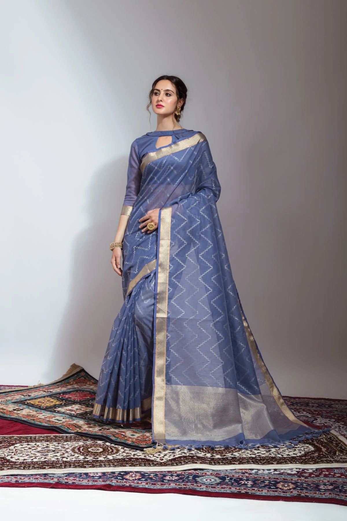 Buy MySilkLove Hoki Blue Zari Woven Linen Silk Saree Online