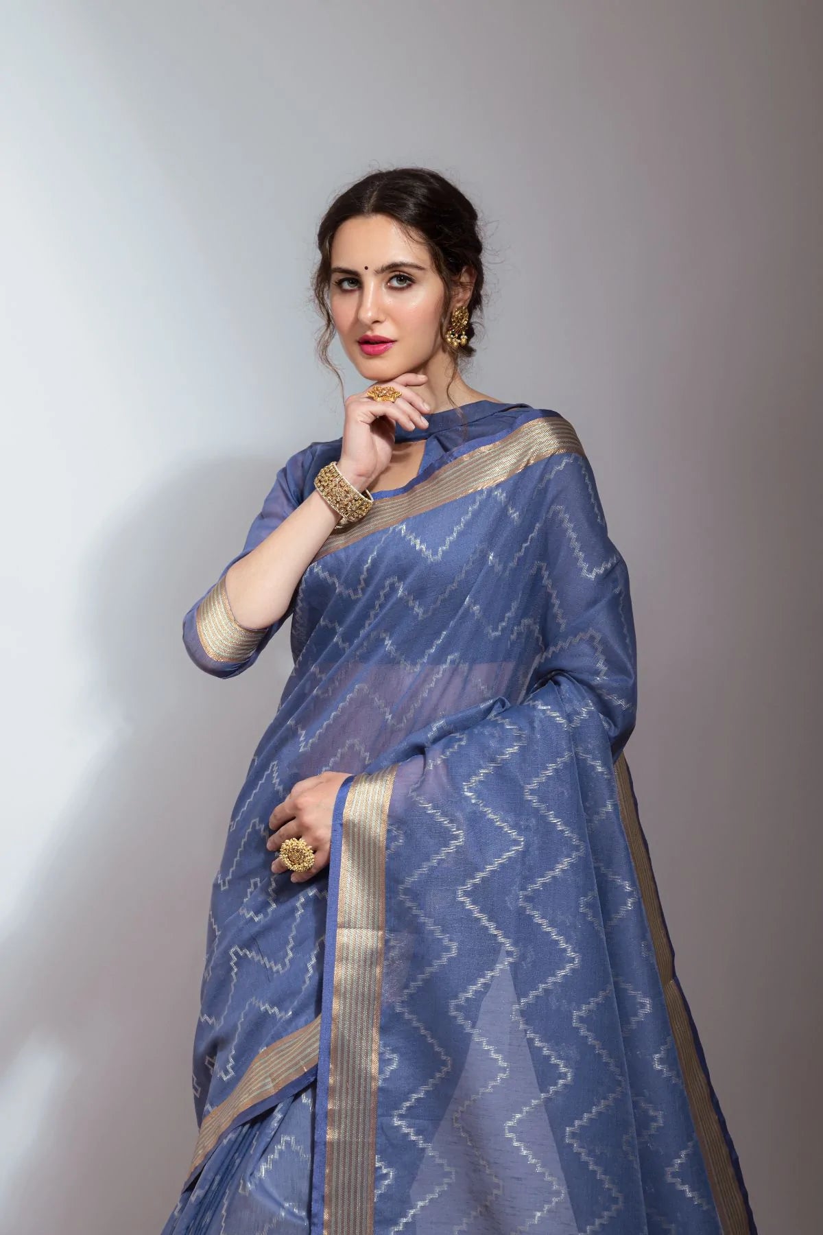 Buy MySilkLove Hoki Blue Zari Woven Linen Silk Saree Online