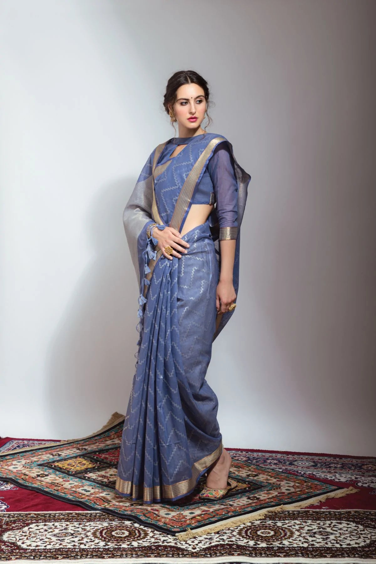 Buy MySilkLove Hoki Blue Zari Woven Linen Silk Saree Online