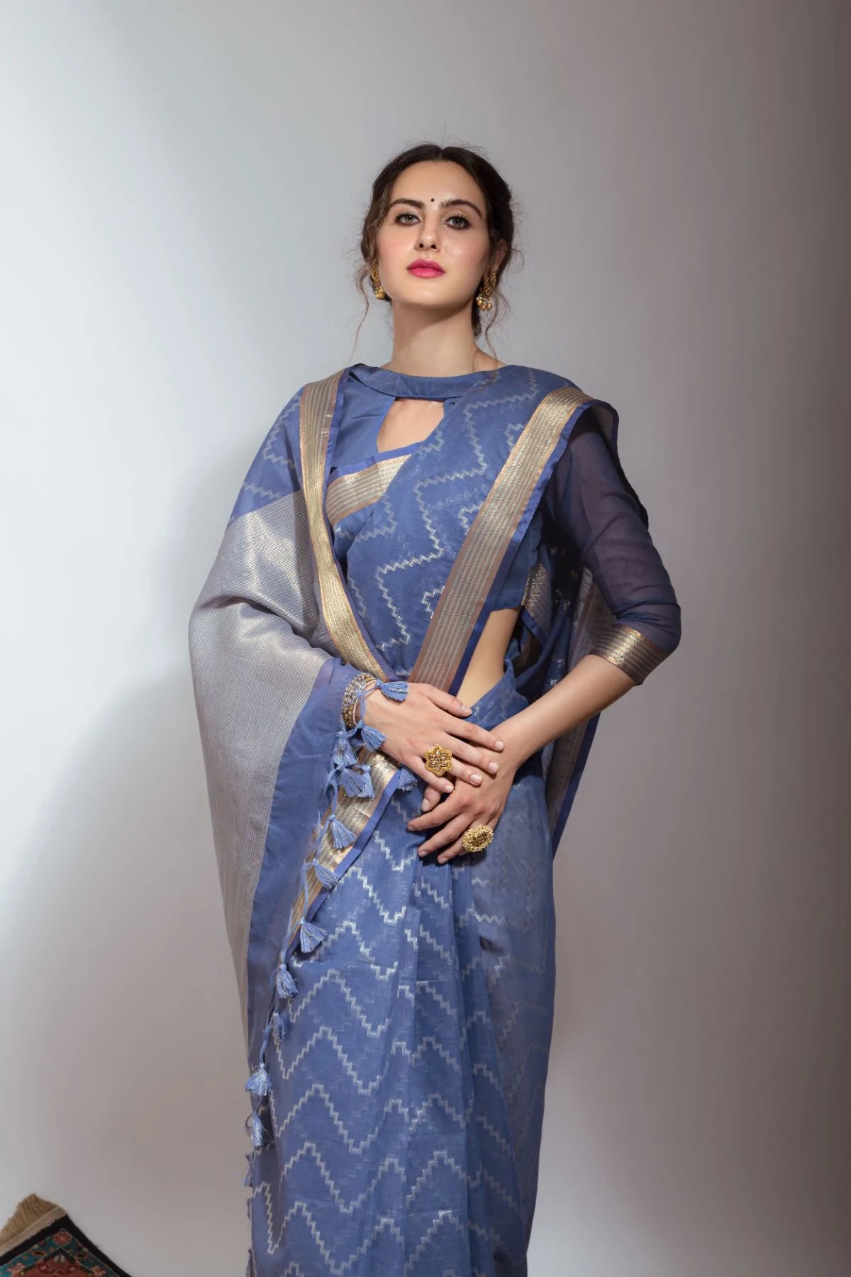 Buy MySilkLove Hoki Blue Zari Woven Linen Silk Saree Online