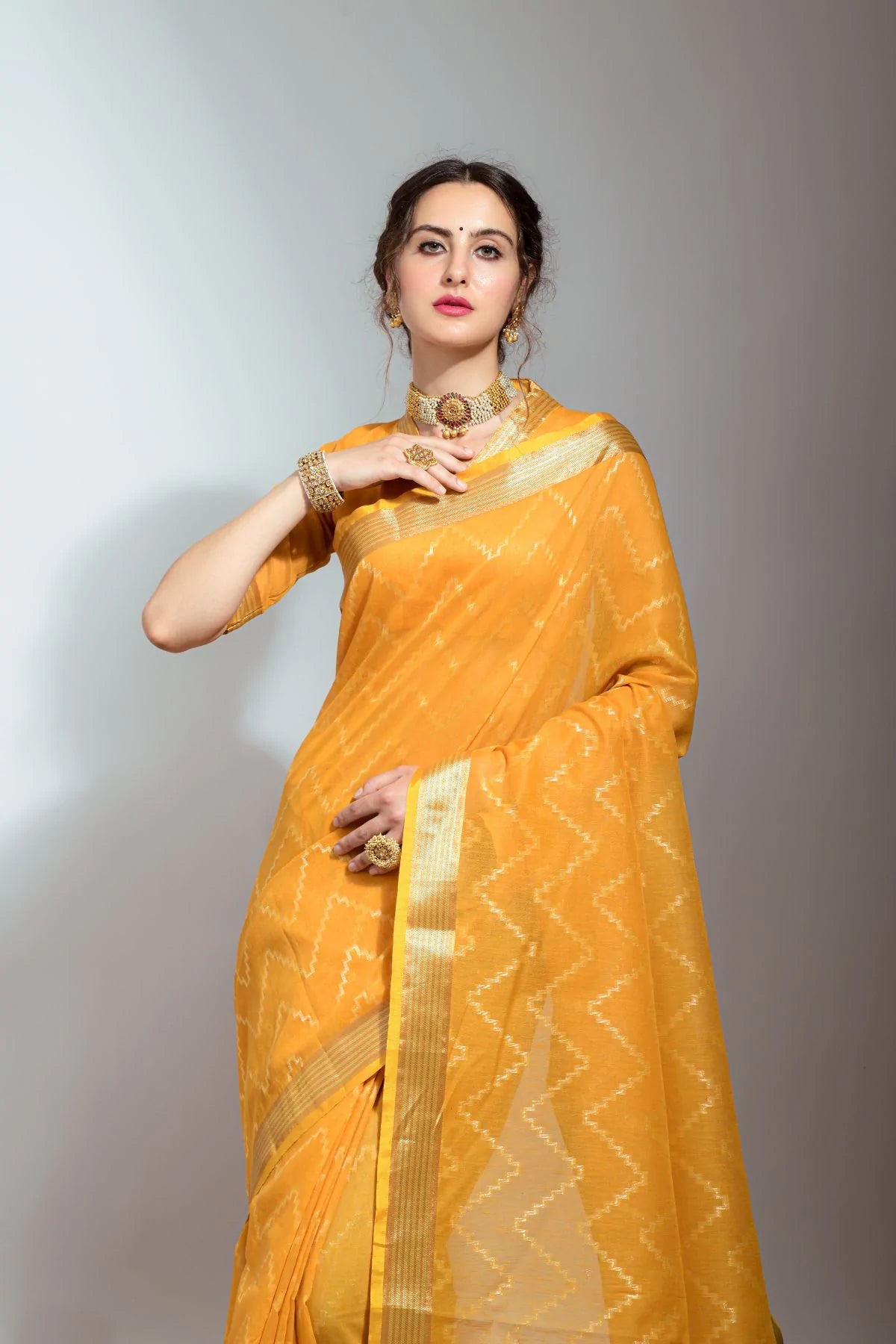 Buy MySilkLove Sunglow Yellow Zari Woven Linen Silk Saree Online