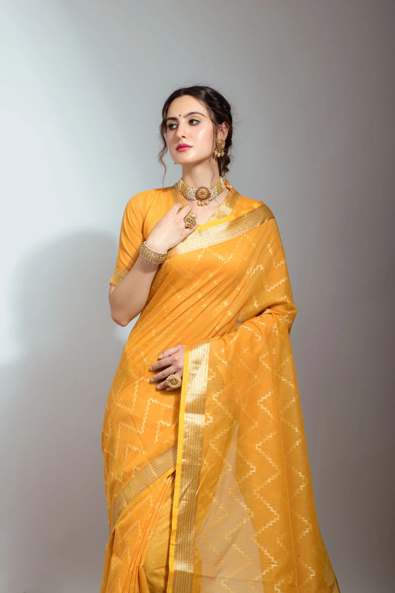 Sunglow Yellow Zari Woven Linen Silk Saree
