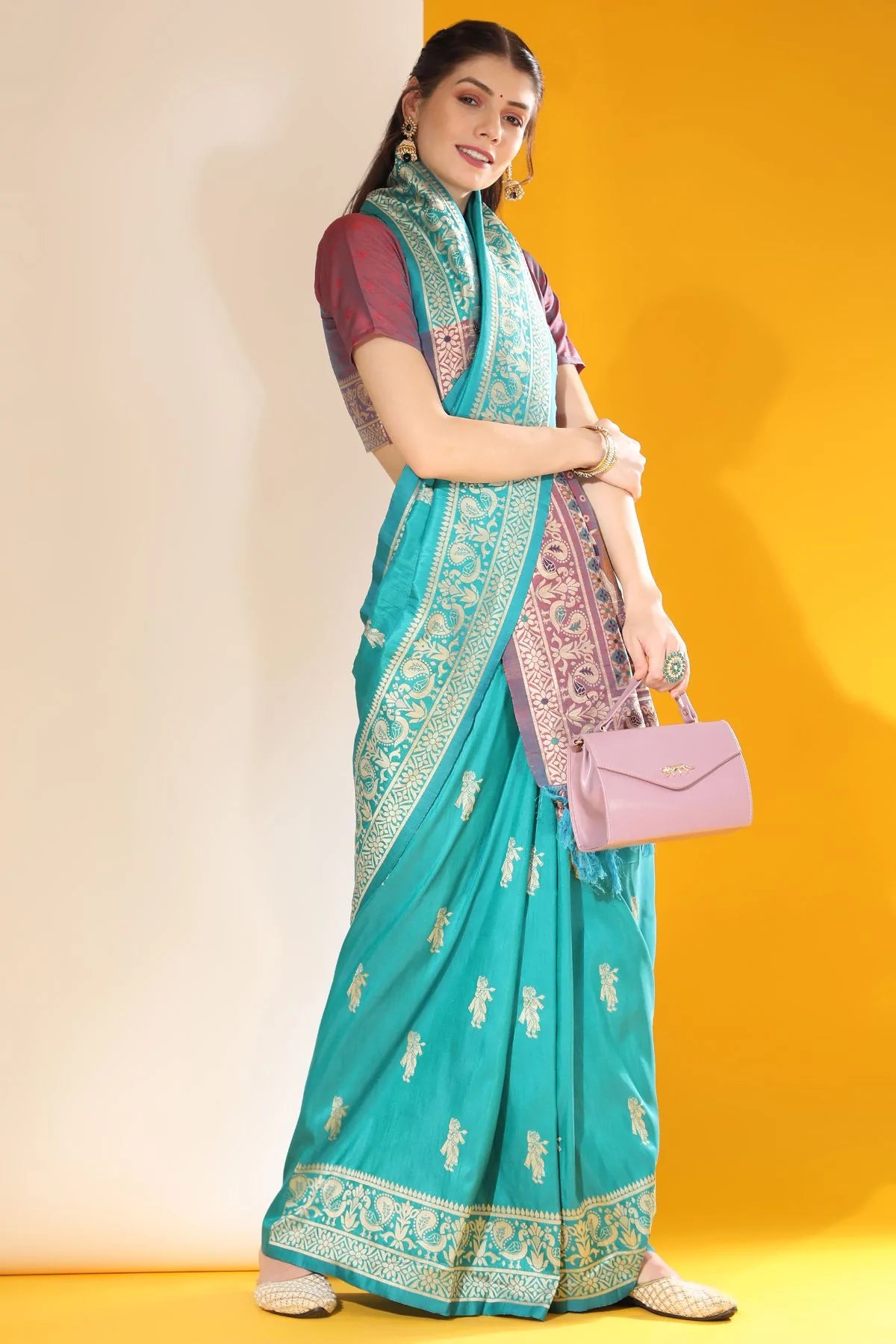 Buy MySilkLove Sea Blue Banarasi Raw Silk Woven Saree Online