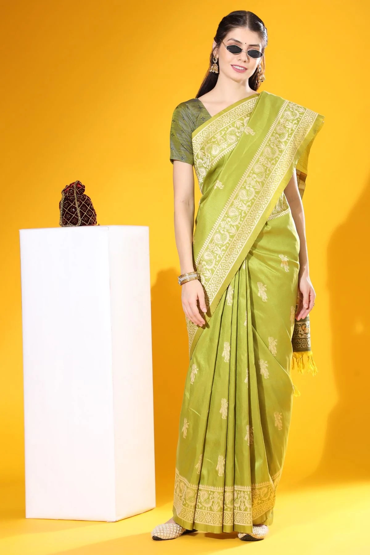 Buy MySilkLove Alpine Green Banarasi Raw Silk Woven Saree Online