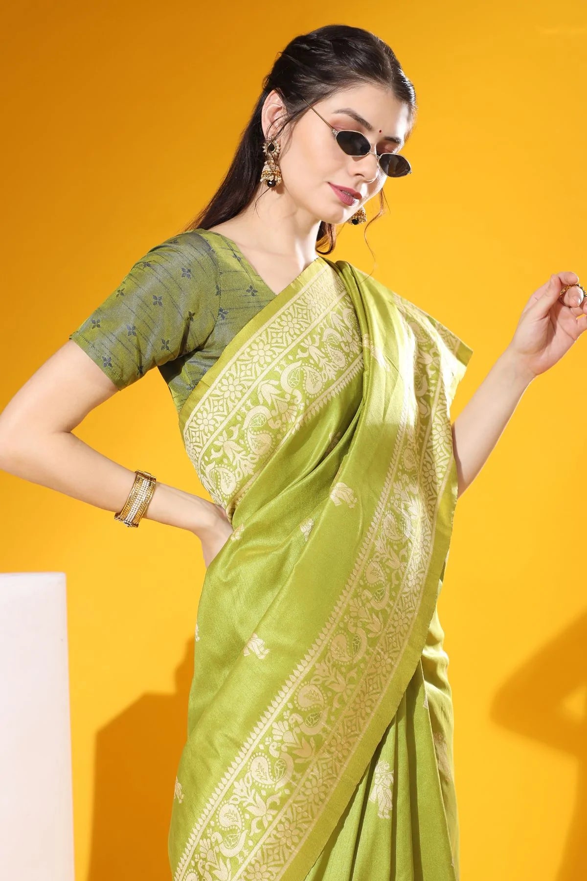 Buy MySilkLove Alpine Green Banarasi Raw Silk Woven Saree Online