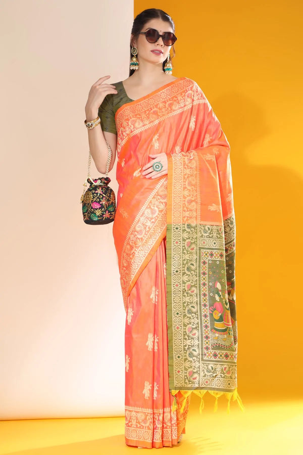 Tan Hide Orange Banarasi Raw Silk Woven Saree