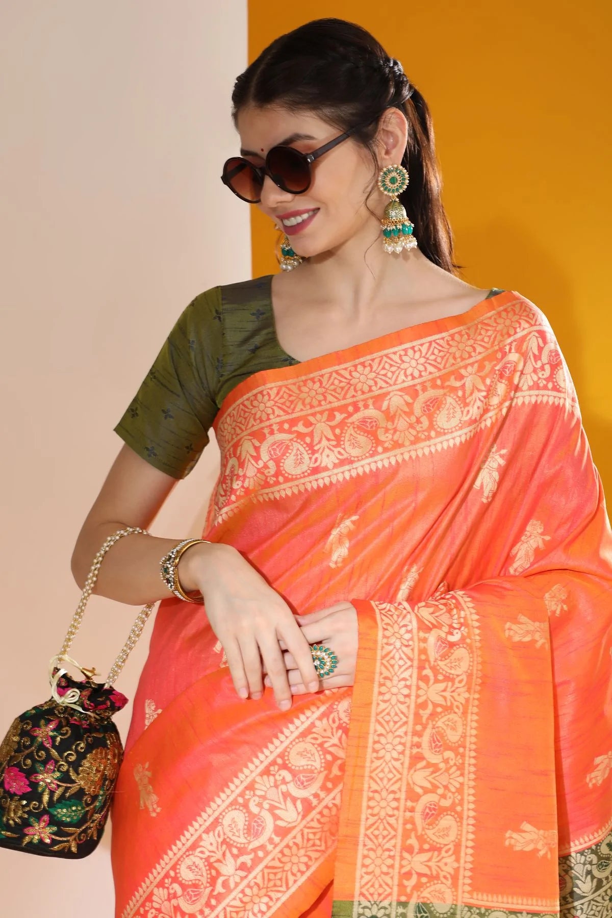 Buy MySilkLove Tan Hide Orange Banarasi Raw Silk Woven Saree Online