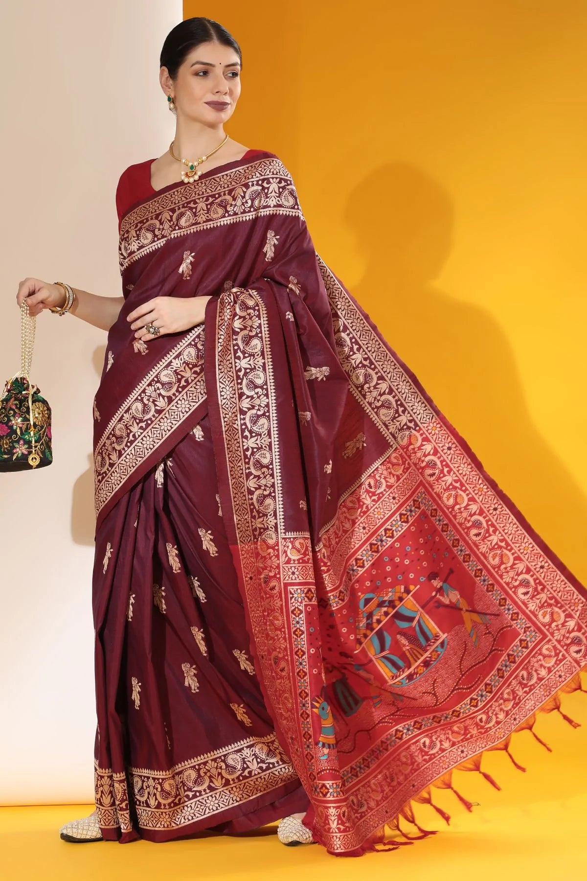 Buy MySilkLove Tawny Port Maroon Banarasi Raw Silk Woven Saree Online