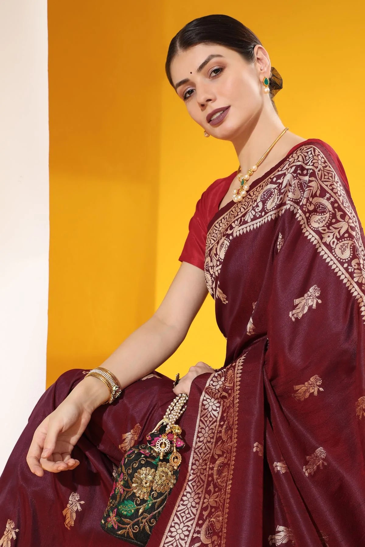 Buy MySilkLove Tawny Port Maroon Banarasi Raw Silk Woven Saree Online