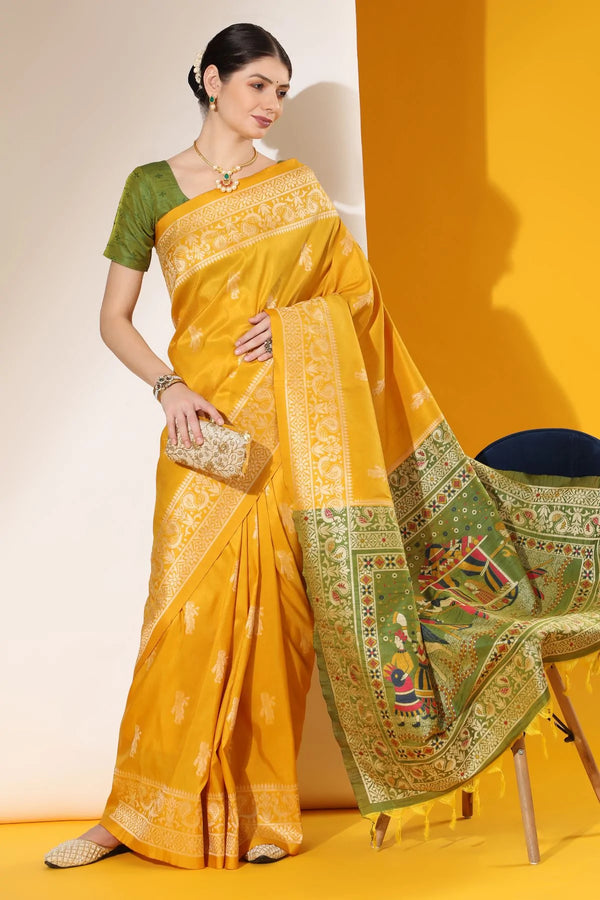 Mustard Yellow Banarasi Raw Silk Woven Saree