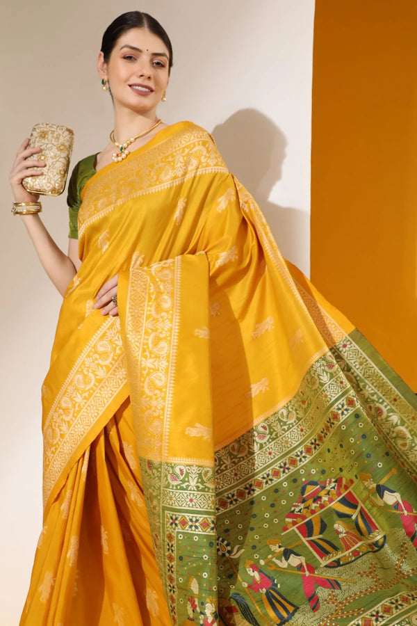 Mustard Yellow Banarasi Raw Silk Woven Saree