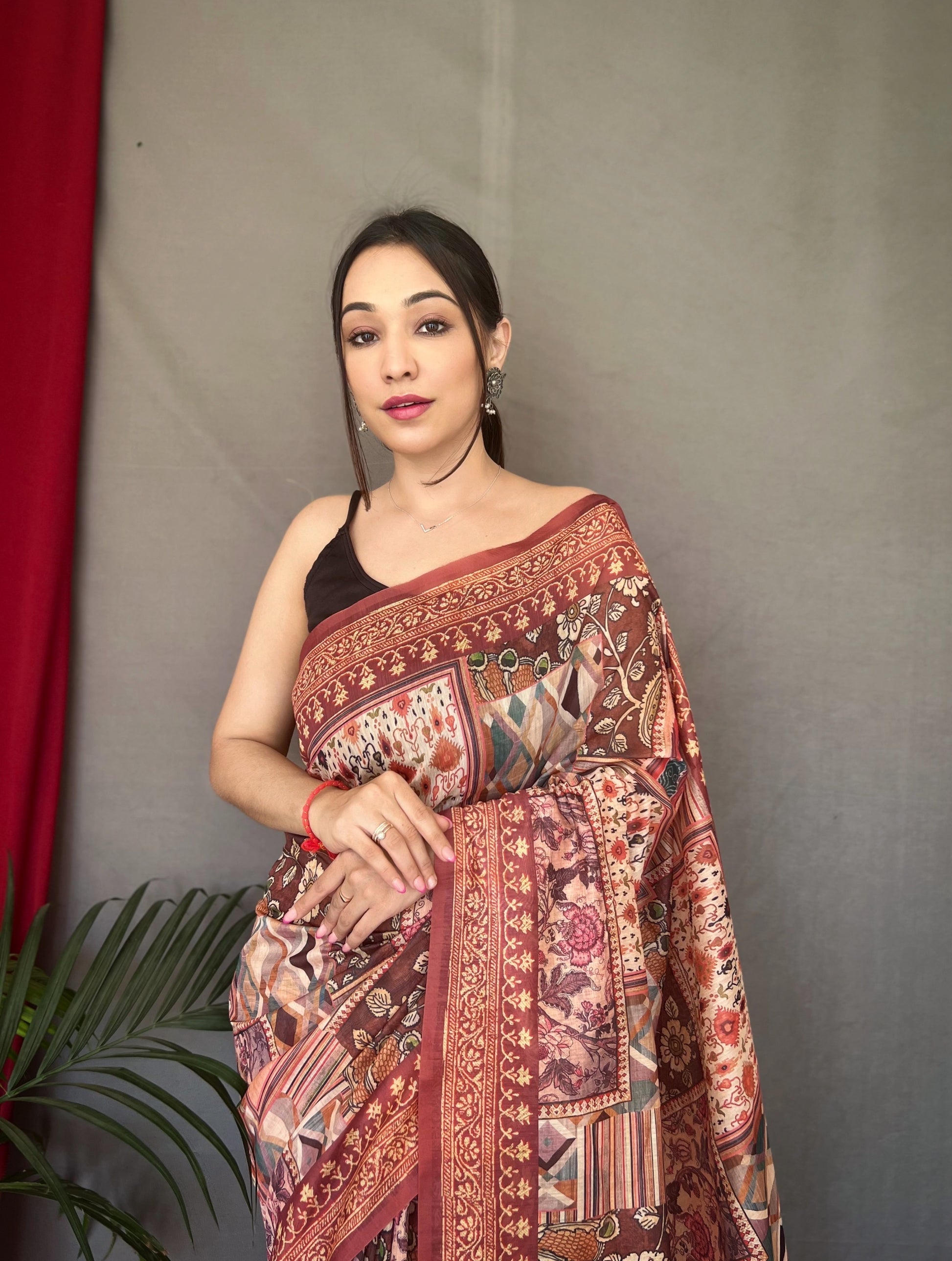 Buy MySilkLove Copper Penny Brown Cotton Printed Kalamkari Silk Saree Online