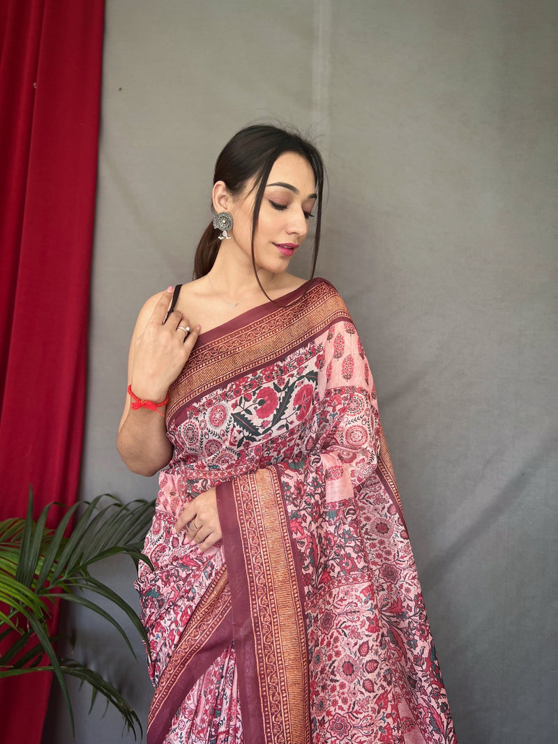 Buy Russet Brown Hand Painted Kalamkari Silk Saree Online | Samyakk