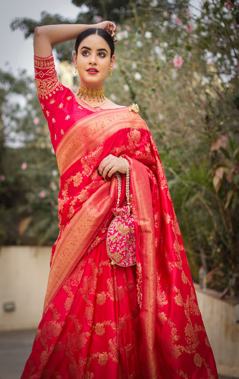 Brick Pink Handloom Woven Banarasi Saree