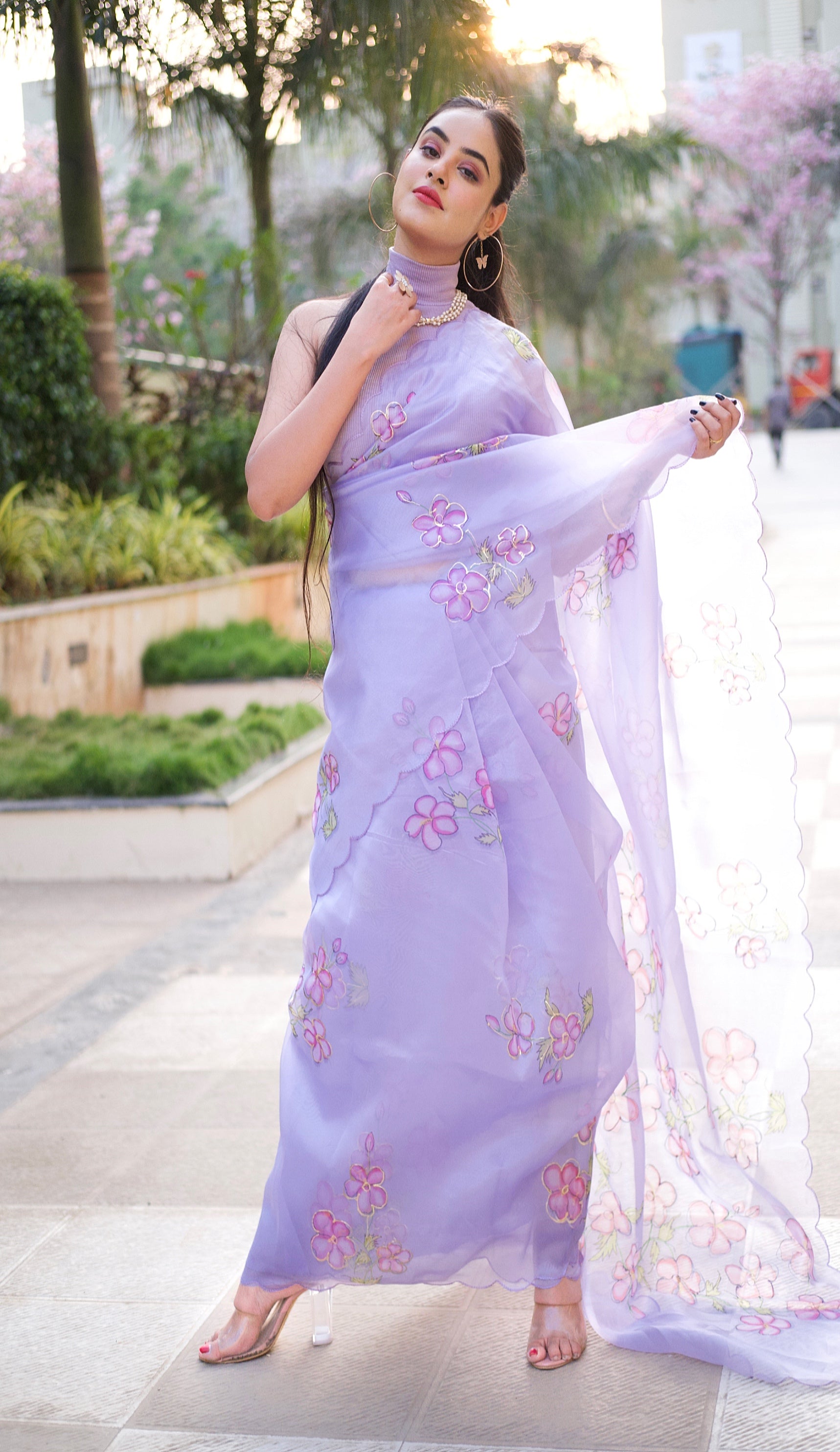 Buy MySilkLove Mauve Purple Digital Floral Print Organza Saree Online