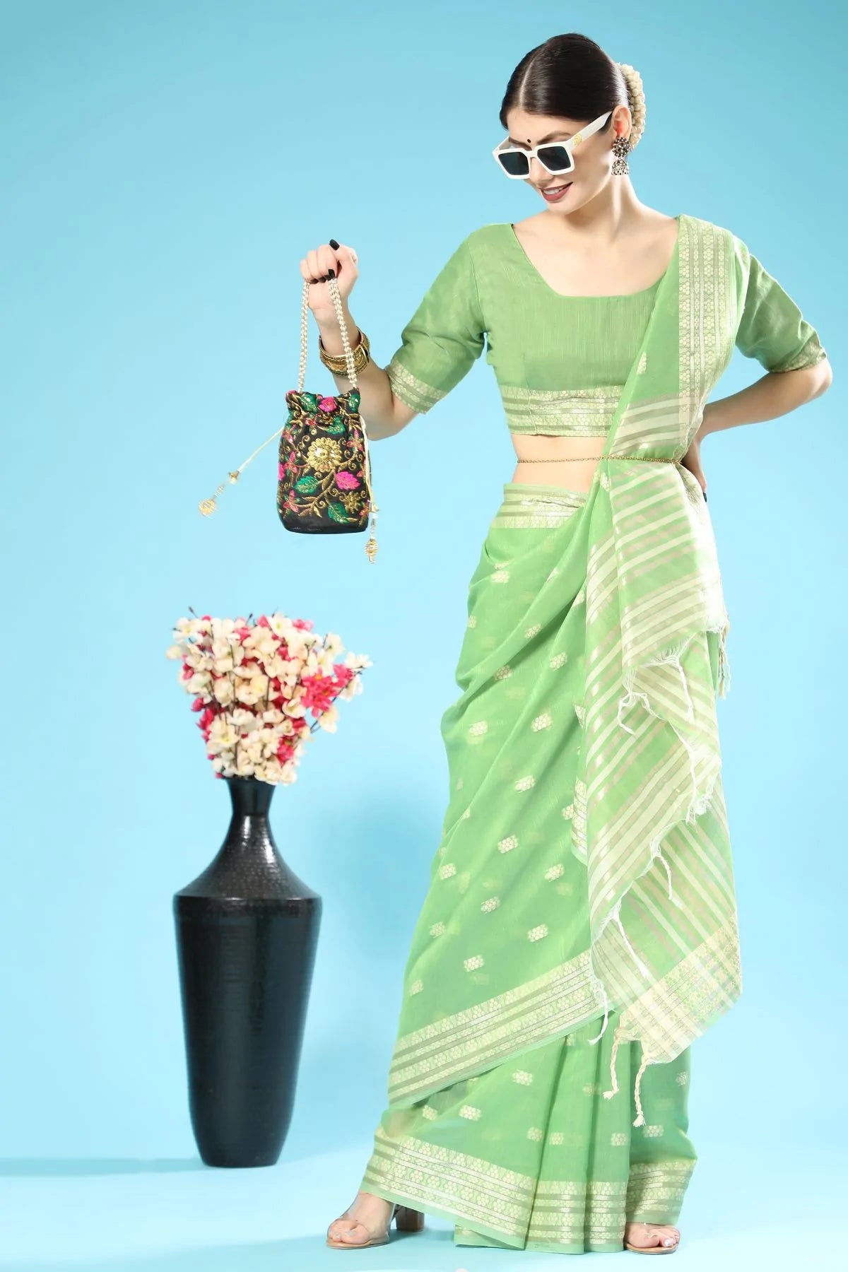 MySilkLove Algae Green Lucknowi Cotton Saree