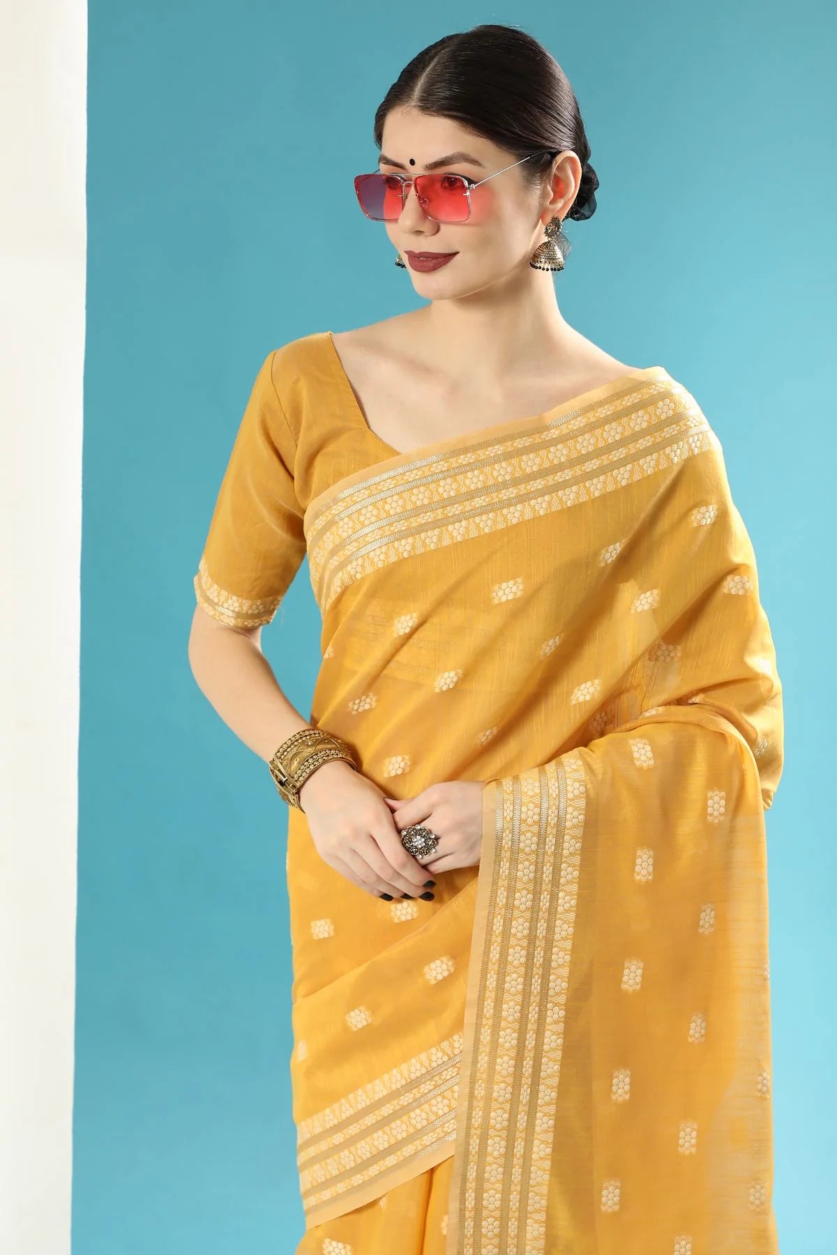 Buy MySilkLove Mustard Yellow Lucknowi Cotton Saree Online