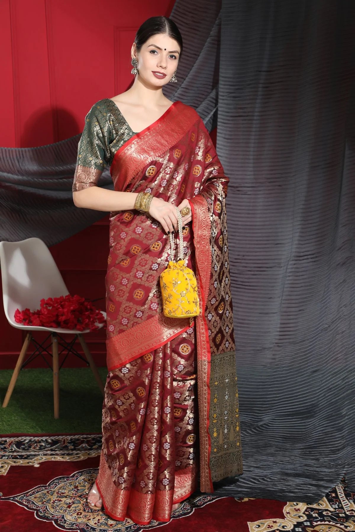 Buy MySilkLove Carmine Maroon Woven Banarasi Silk Saree Online