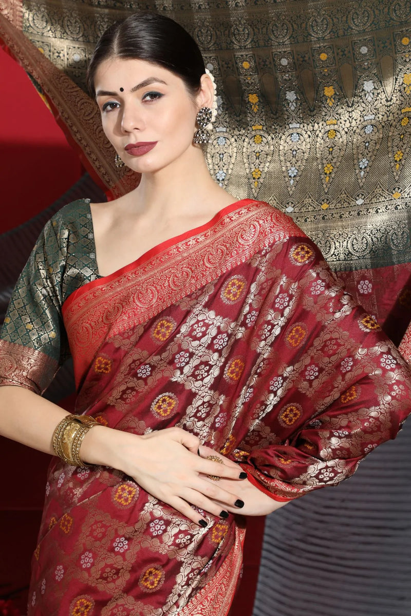 Carmine Maroon Woven Banarasi Silk Saree