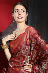 Carmine Maroon Woven Banarasi Silk Saree