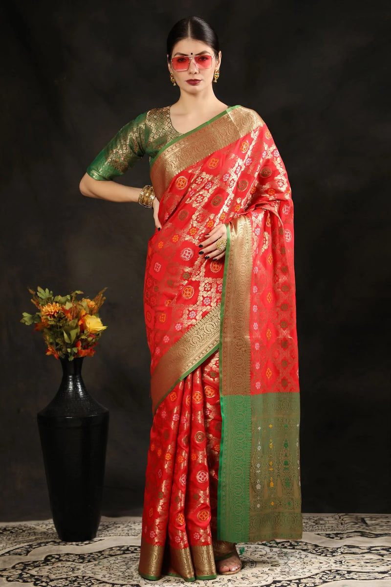 Alizarin Crimson Red  Woven Banarasi Silk Saree