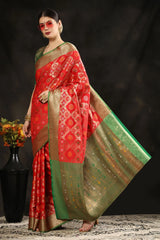 Alizarin Crimson Red  Woven Banarasi Silk Saree