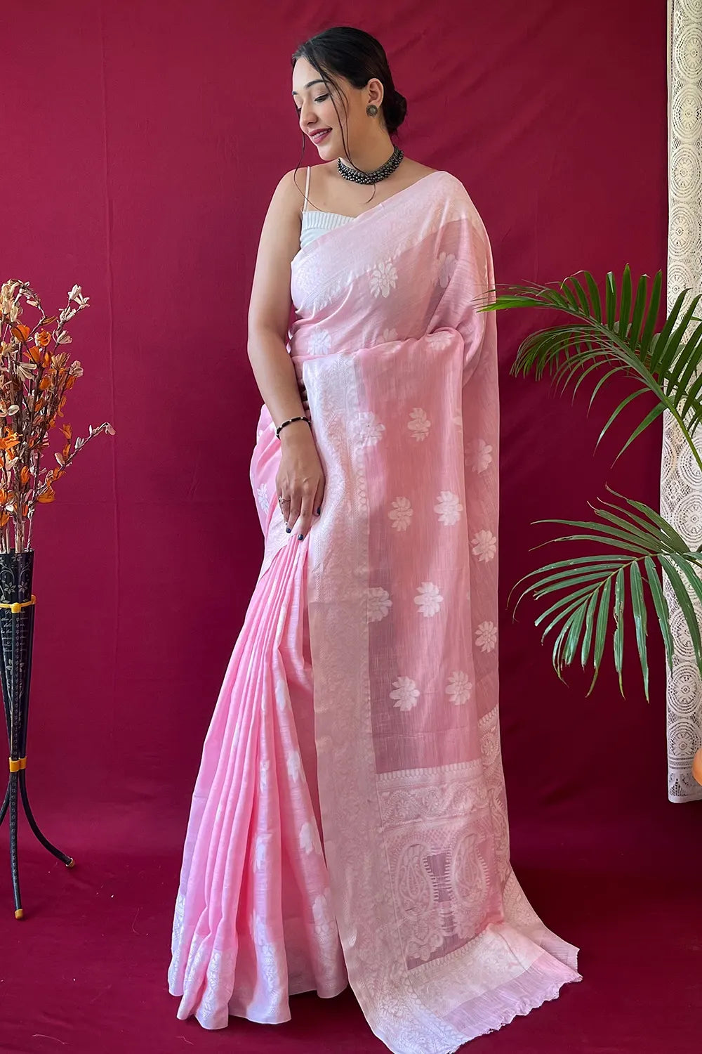 MySilkLove Pastel Pink Lucknowi Woven Linen Saree