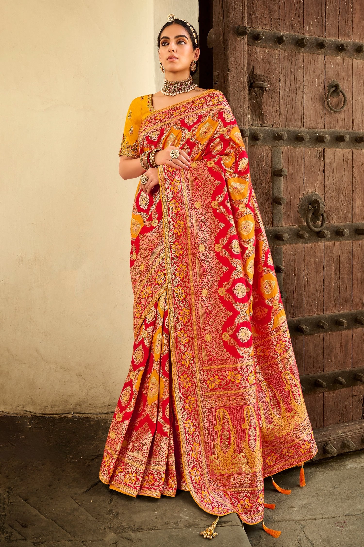 Buy MySilkLove Jasper Red and Yellow Zari Woven Designer Banarasi Saree Online