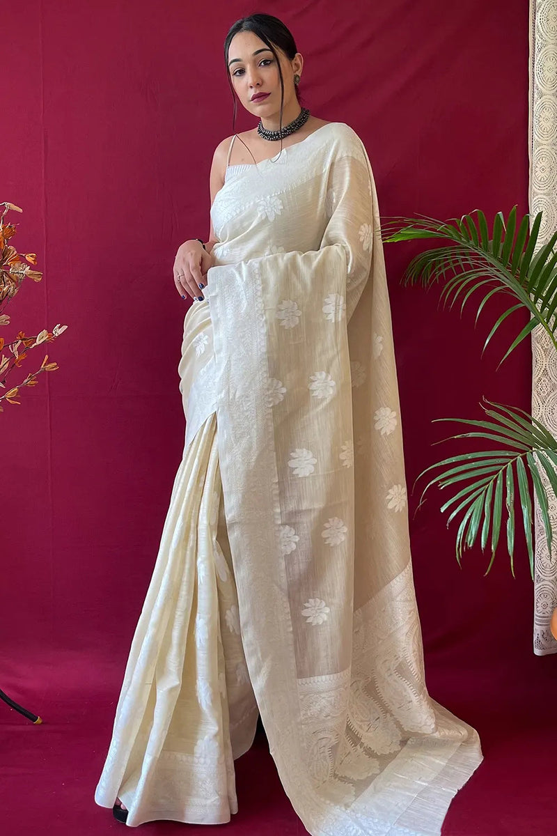 Scotch Mist White Lucknowi Woven Linen Saree