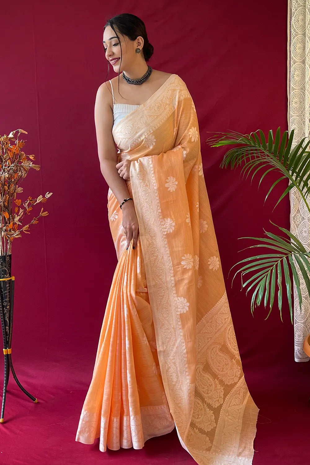 MySilkLove Tangerine Orange Lucknowi Woven Linen Saree