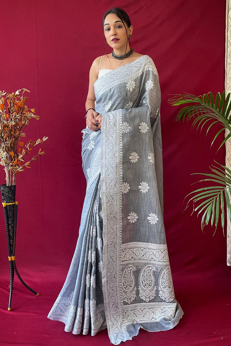 Hit Gray Lucknowi Woven Linen Saree