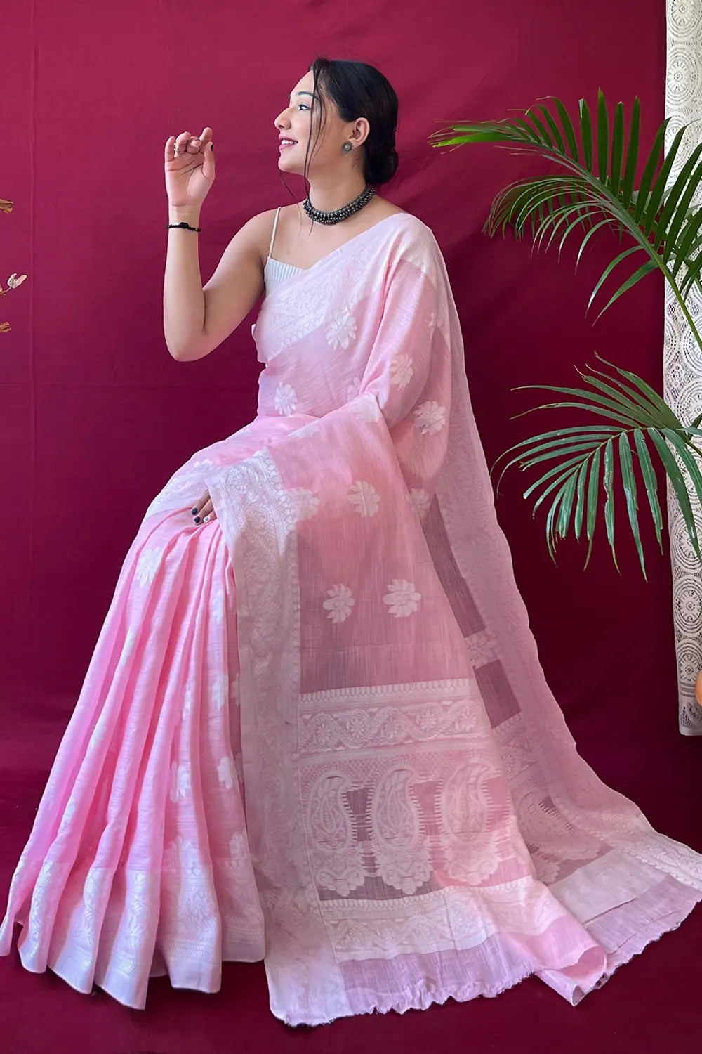 MySilkLove Pastel Pink Lucknowi Woven Linen Saree