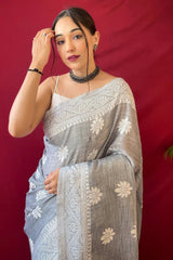 Hit Gray Lucknowi Woven Linen Saree