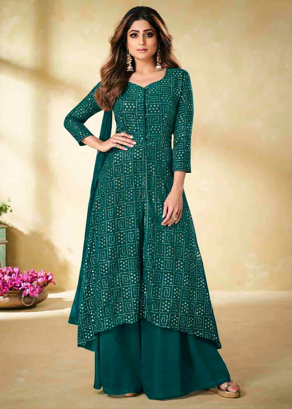 Buy MySilkLove Green Pea Georgette unstitched Plazzo Suit Online