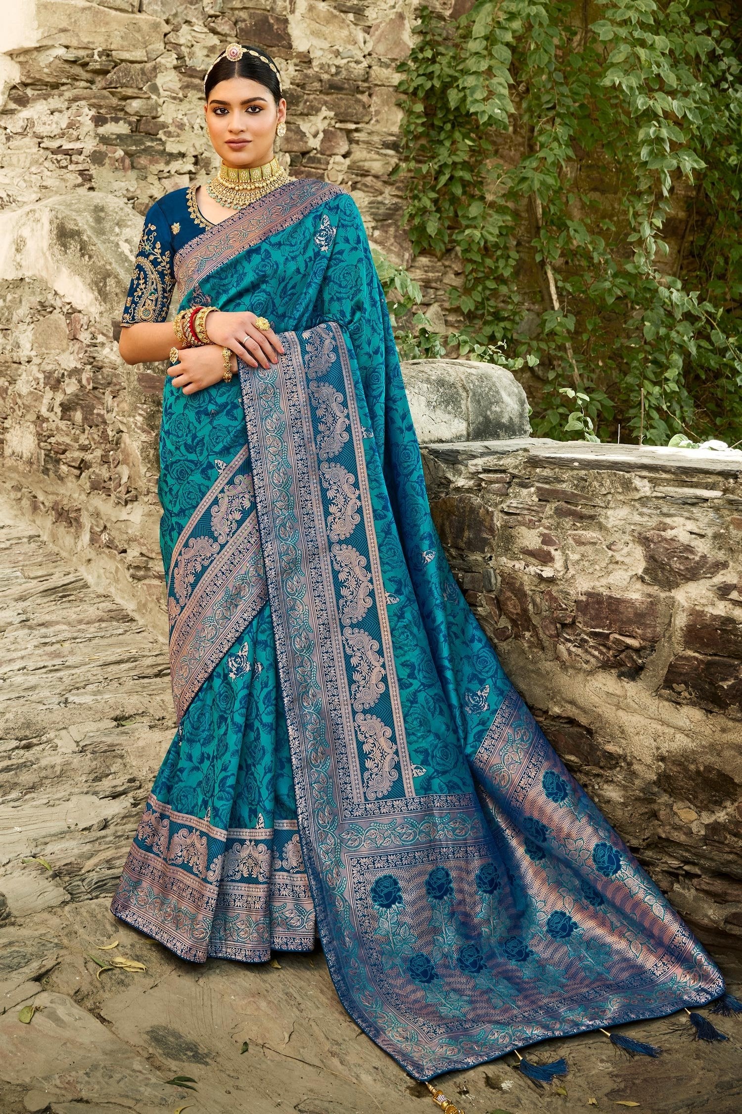 Buy MySilkLove Teal Blue Zari Woven Designer Banarasi Saree Online