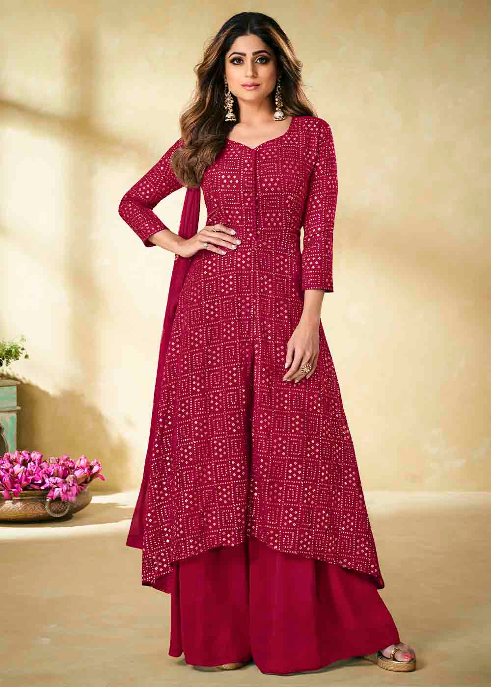 Buy MySilkLove Claret Pink Georgette unstitched Plazzo Suit Online