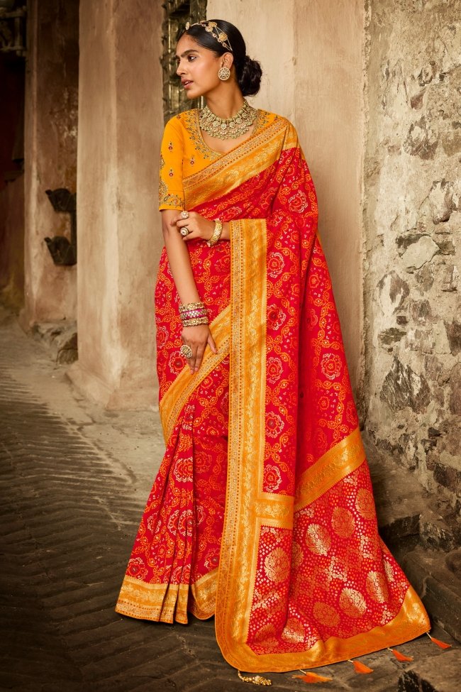 Buy MySilkLove Cinnabar Red and Yellow Zari Woven Designer Banarasi Saree Online