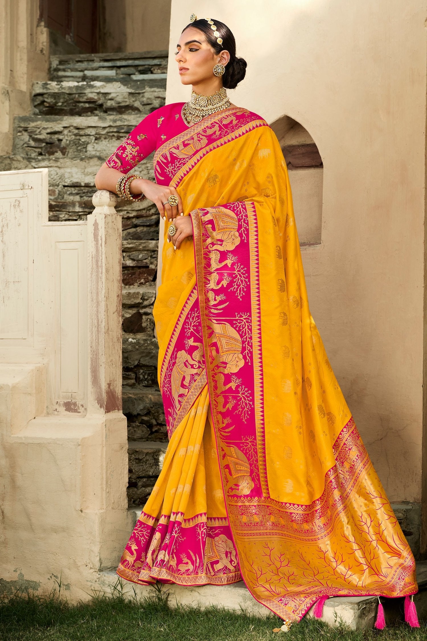 Buy MySilkLove Sunglow Yellow and Pink Zari Woven Designer Banarasi Saree Online