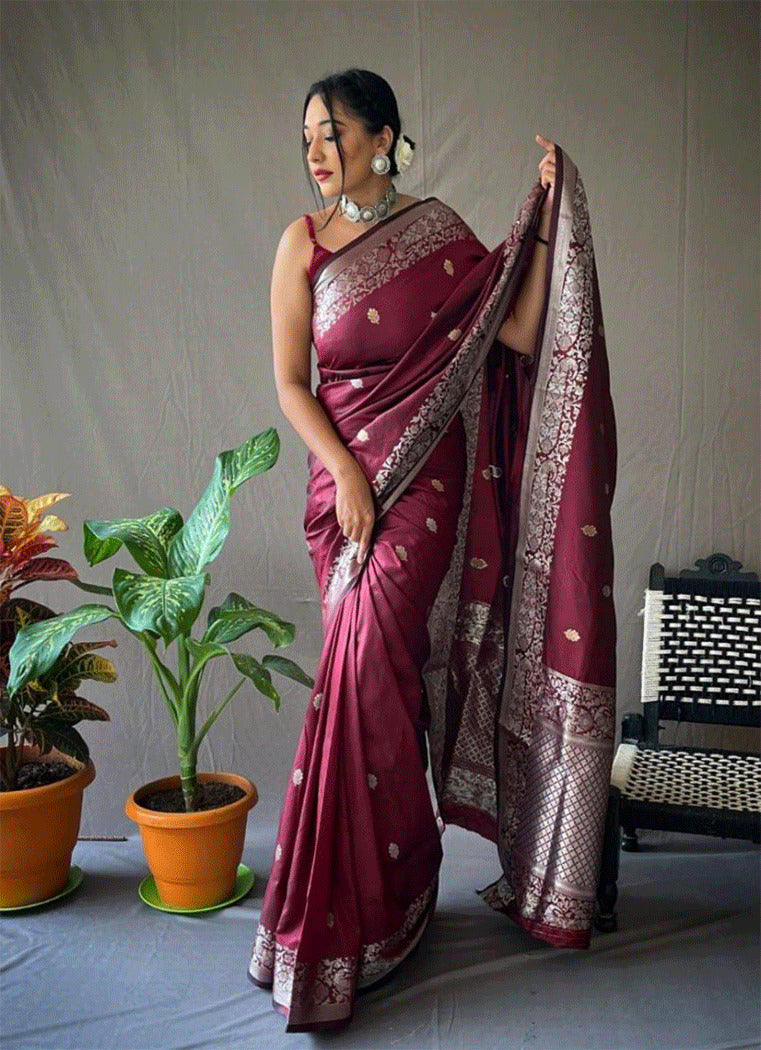 Wine Purple Zari Woven Banarasi Silk Saree