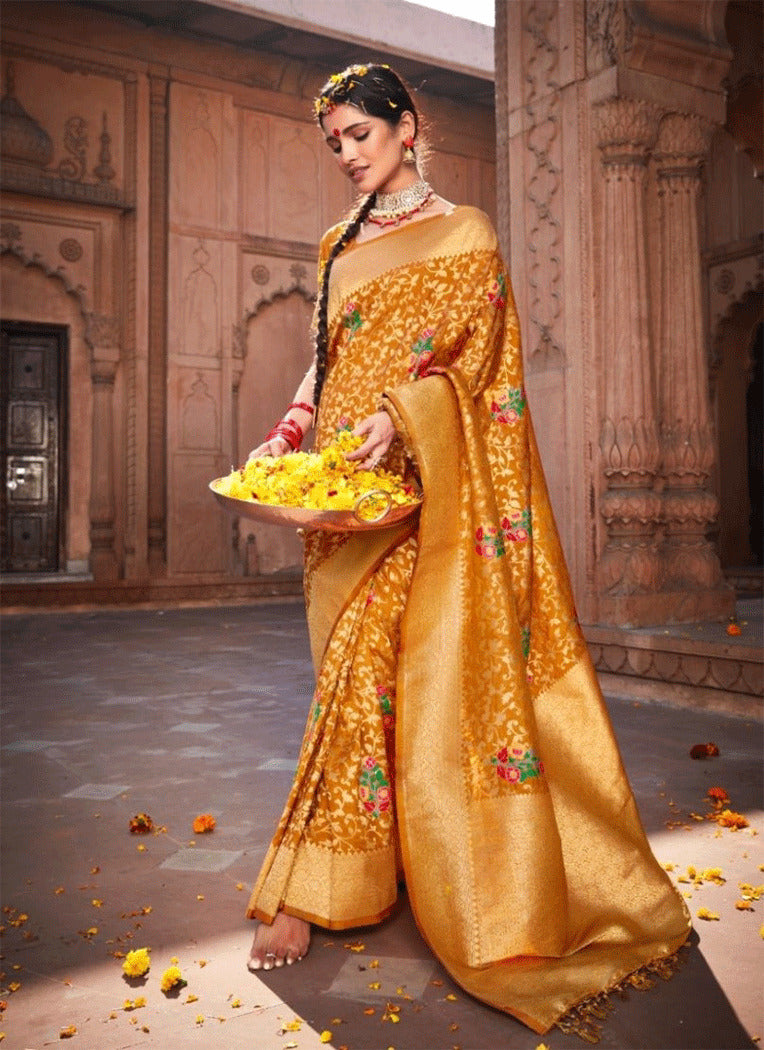 Raw Yellow Zari Woven Banarasi Soft Silk Saree
