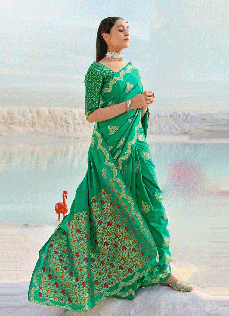 Buy MySilkLove Spring Leaves Green Zari Woven Banarasi Saree Online