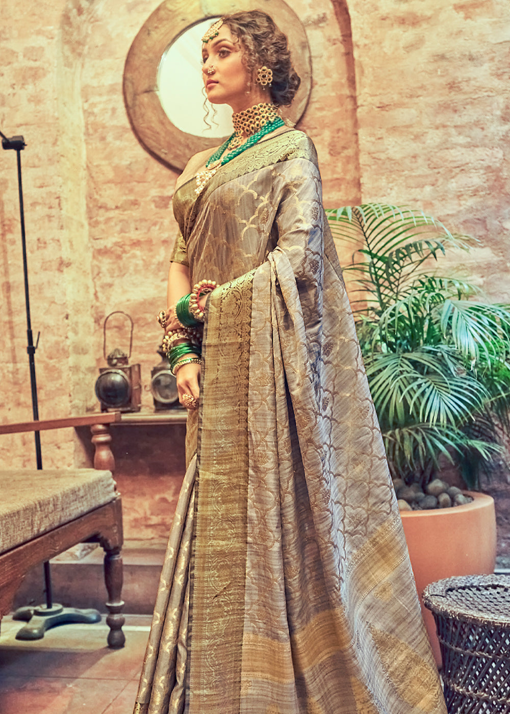 Buy MySilkLove Sorrell Grey Woven Banarasi Silk Saree Online