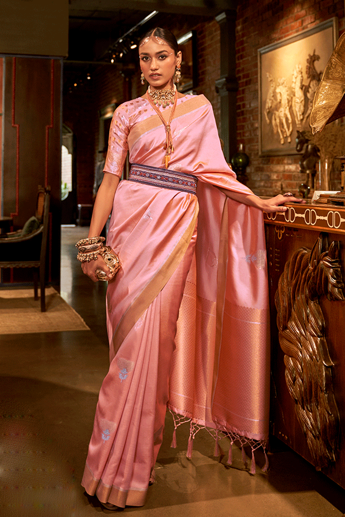 Buy MySilkLove Mona Lisa Pink Zari Woven Banarasi Satin Silk Saree Online