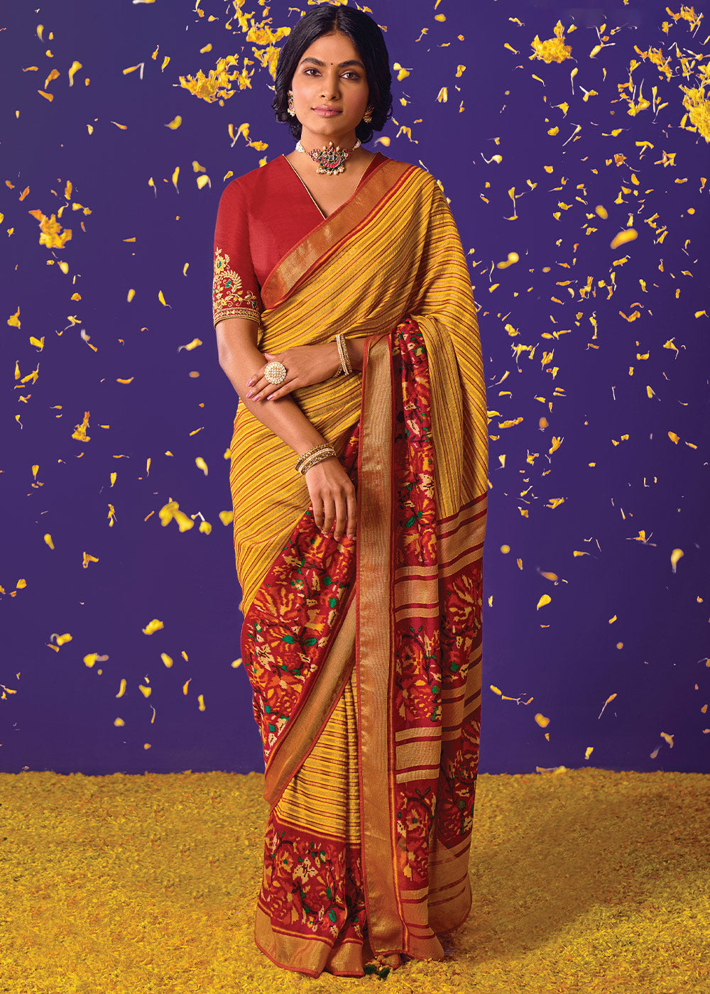 Buy MySilkLove Fire Bush Yellow Printed Paithani Saree With Embroidered Blouse Online