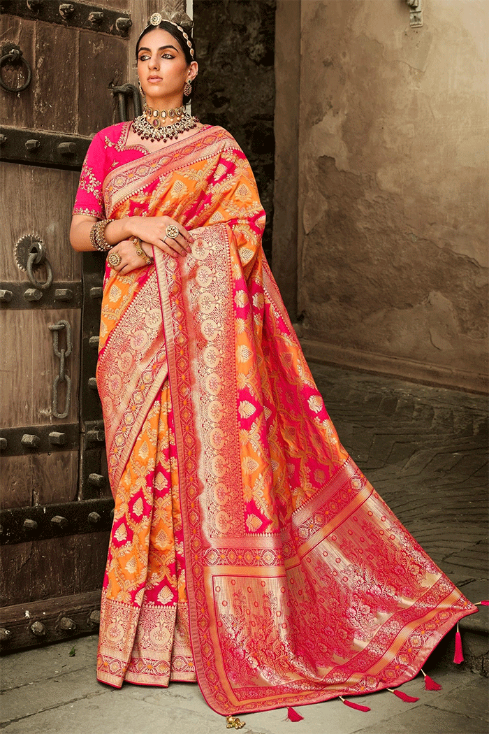 Texas Orange and Pink Zari Woven Banarasi Saree