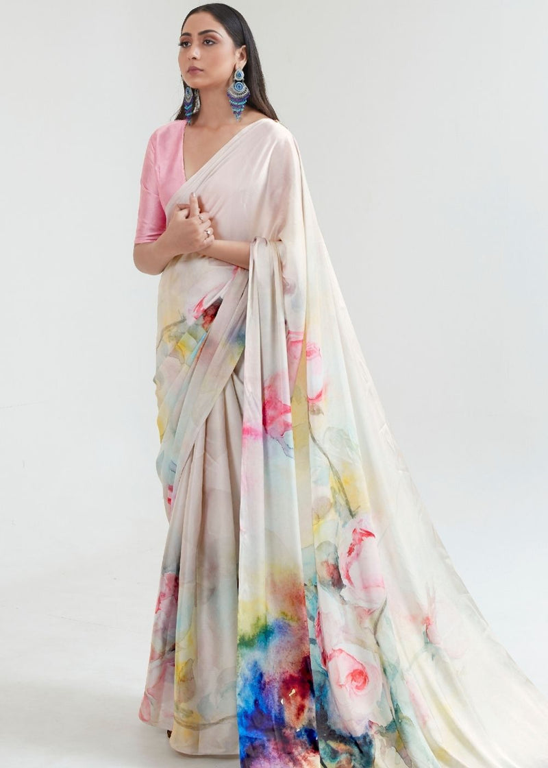 Silver Rust White Printed Saree