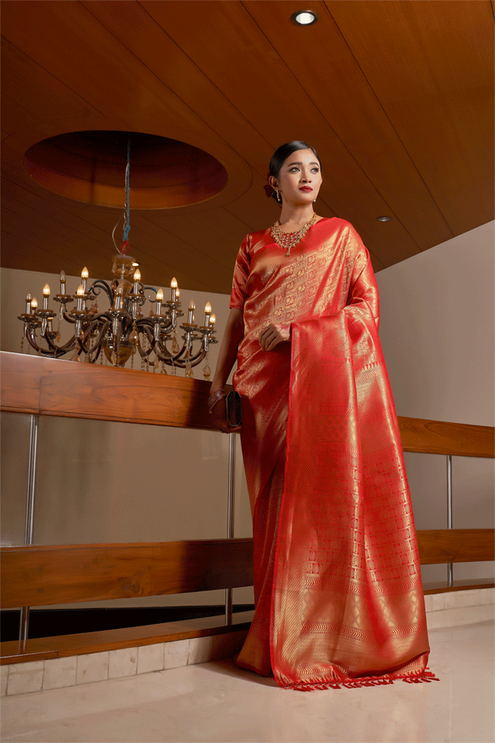 Buy MySilkLove Chilli Red Zari Woven Kanjivaram silk Saree Online