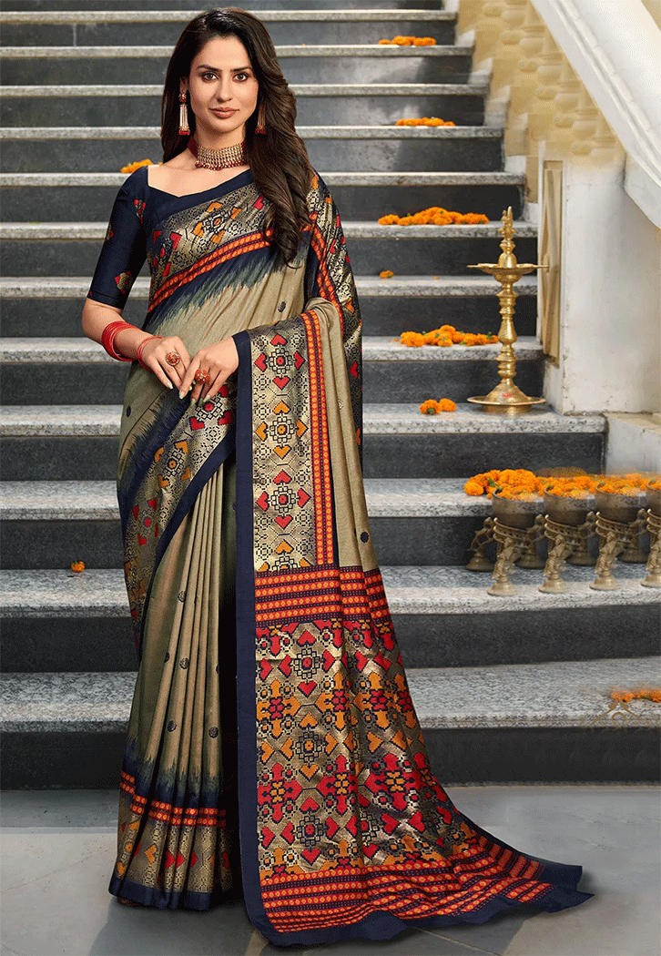 Buy MySilkLove Sorrell Brown and Blue Patola Silk Saree Online