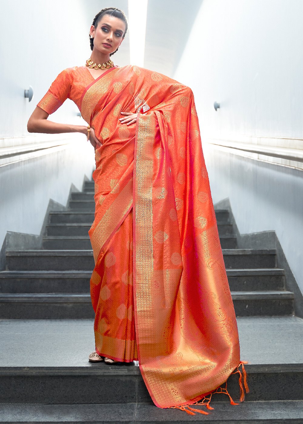 Buy MySilkLove Sunset Orange Zari woven Banarasi Saree Online